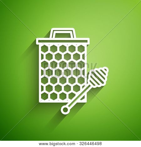 White Line Honeycomb With Honey Dipper Stickicon Isolated On Green Background. Honey Ladle. Honey Ce