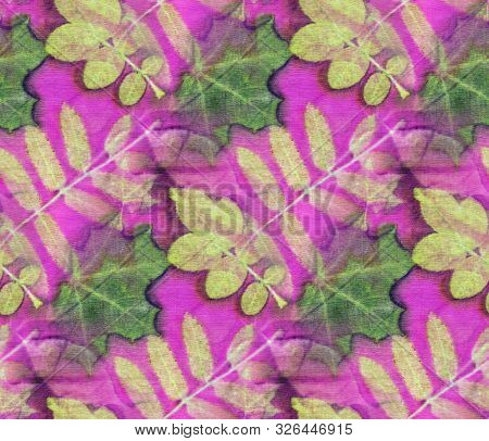 Botanical Print With Leaf Prints On Natural Silk. Hand-drawn Illustration.