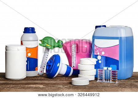 Equipment With Chemical Cleaning Products And Tools For The Maintenance Of The Swimming Pool On A Wo