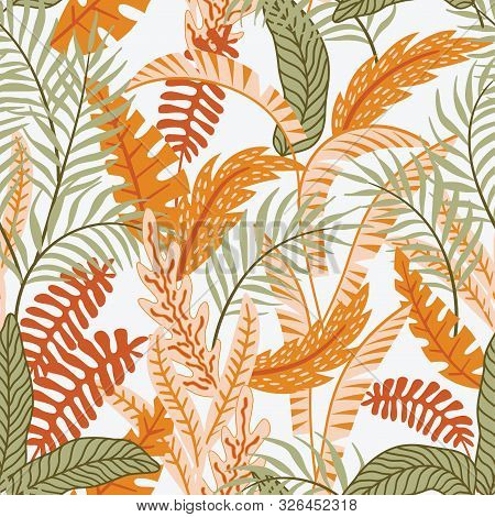 Hand Drawn Vector Tropical Leaves On The White Background. Foliar Repeat Pattern. Seamless Flat Illu