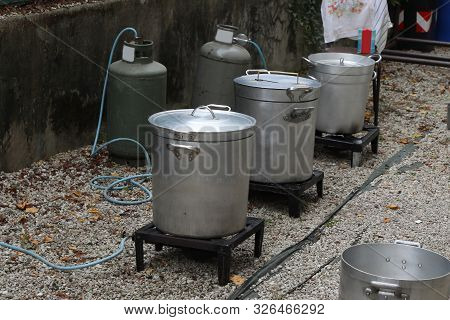 Cooking Pasta With Big Cauldrons At The Alfresco Cookhouse