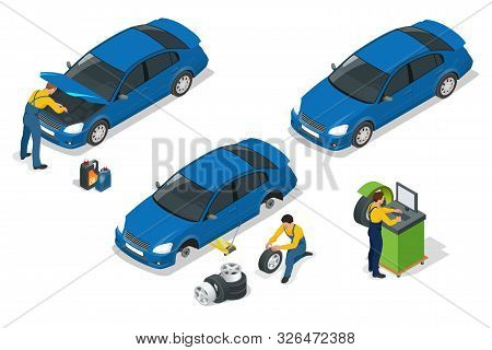 Isometric Car Repair Maintenance Autoservice Center Garage And Car Service Concept. Technicians Repl