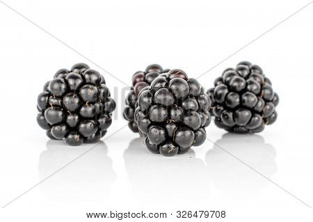 Group Of Four Whole Fresh Black Blackberry Isolated On White Background