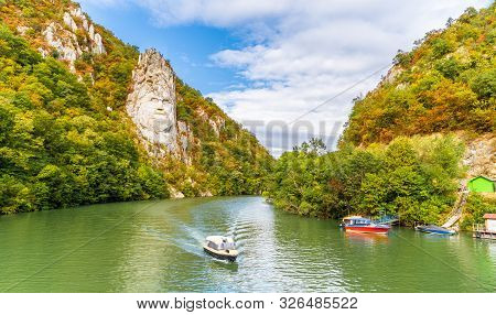 Autumn Landscape With Decebal Statue On The Danube River, Romania