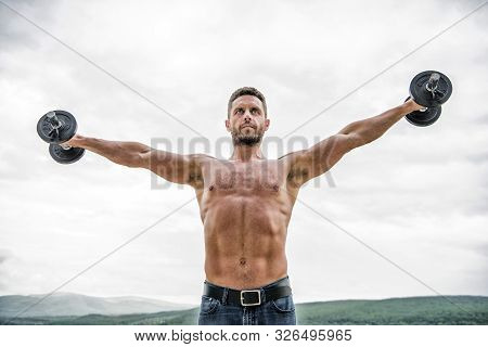 His Body Is Perfect. Athletic Body. Dumbbell Gym. Fitness And Sport Equipment. Muscular Man Exercisi