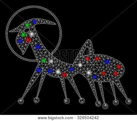 Bright Mesh Creature Skafandr With Glow Effect. White Wire Carcass Polygonal Mesh In Vector Format O