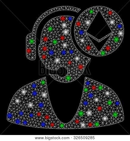 Bright Mesh Ethereum Operator With Glare Effect. White Wire Frame Triangular Mesh In Vector Format O