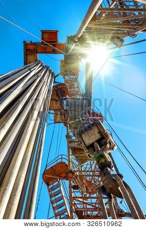 Drilling Rig In Oil Field For Drilled Into Subsurface In Order To Produced Crude, Inside View. Petro