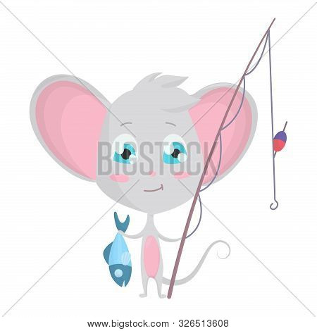 Cute Grey Mouse Fishing. Vector Stock Illustrations Isolated Emoji Character Cartoon Mouse Stickers 