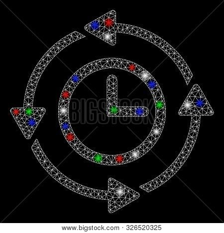 Bright Mesh Wayback Clock With Glare Effect. White Wire Frame Polygonal Network In Vector Format On 