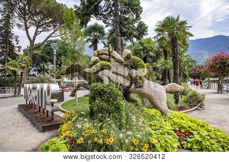 Merano, Italy - August 5, 2019: Jockey Formed By Flowers At The Spa Promenade In Merano, Italy,