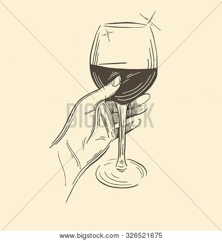 Vector Hand Drawn Template Illustration Of Wine And Appetizers. Bottle, Glass, Corksrew, Cheese, Fru