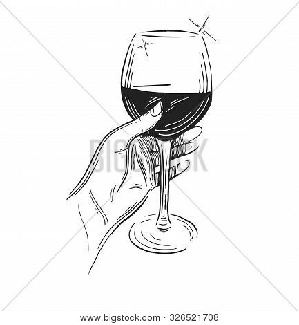 Vector Hand Drawn Template Illustration Of Wine And Appetizers. Bottle, Glass, Corksrew, Cheese, Fru