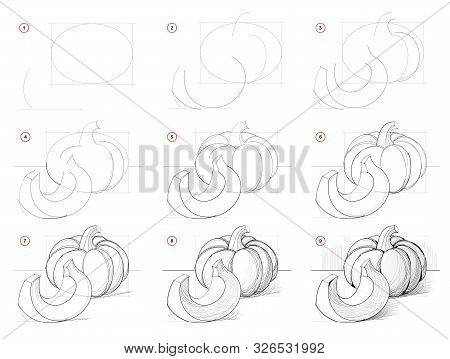 How To Draw Step-wise Picture Of Still Life With Pumpkin. Creation Step By Step Pencil Drawing. Educ