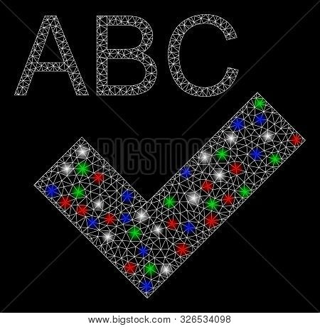 Bright Mesh Spell Checking With Lightspot Effect. White Wire Carcass Triangular Mesh In Vector Forma