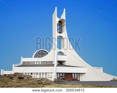 Iceland, Stykkisholmur - May 16, 2015: Architecture Designed Modern White Church On Top Of A Hill In