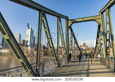 Frankfurt, Germany - Jan 9, 2018: Panoramic View Of Frankfurt Am Main, With Pedestrian Bridge Eisern