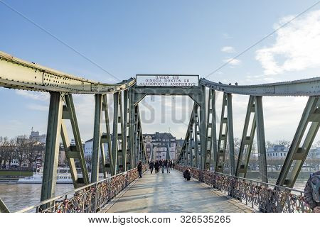 Frankfurt, Germany - Jan 9, 2018: Panoramic View Of Frankfurt Am Main, With Pedestrian Bridge Eisern