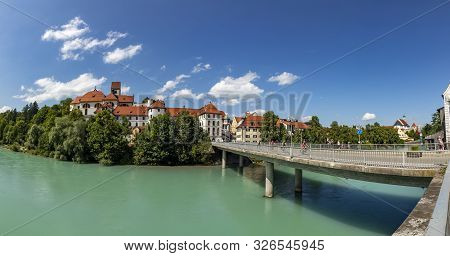 Fuessen, Germany - August 4, 2019: High Palace And Saint Mang Monastery In Fuessen On River Lech, Ge