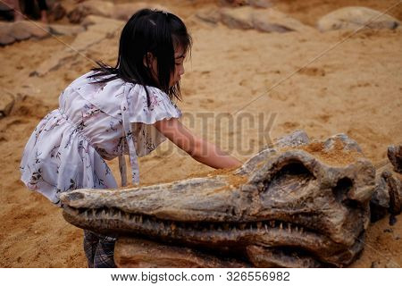 A Pretty Asian Girl Playing In A Sandbox With A Modeled Dinosaur Fossil