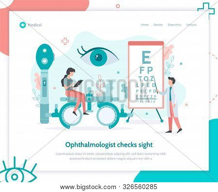 Ophthalmologist Checks Sight. Ophthalmology Concept With Tiny People. Landing Page Template. Flat Ve