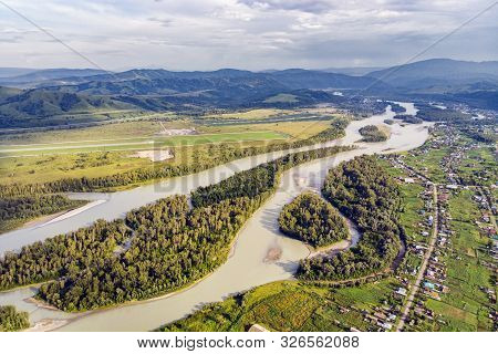 Aerial View Of Katun River, In Altai Mountains. Top View Of The Mountain River In The Altai Mountain
