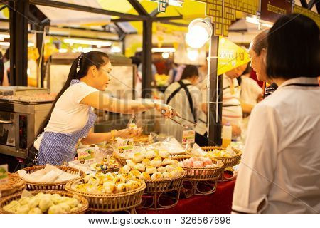 Vegetarian Festival (j Festival) In Thailand Shopping Mall Vegan Food Stall Decoration With Yellow F