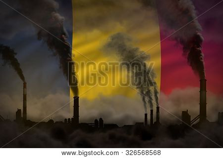 Dark Pollution, Fight Against Climate Change Concept - Industrial Chimneys Dense Smoke On Romania Fl
