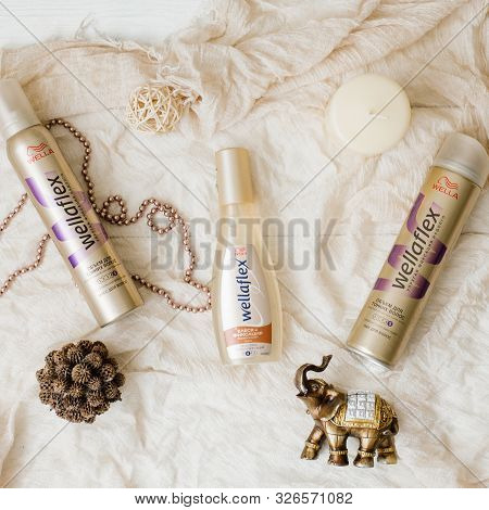 Moscow, Russia. October 2019. Wellaflex Hairspray And Foam On Beige Background
