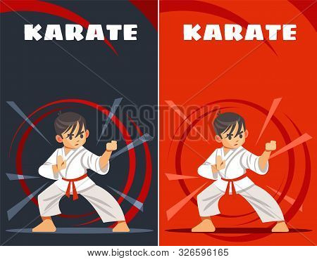Karate Kid. Design Templates. Kids Sports. Vector Illustration Of Flat, Cartoon Style.