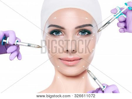 Woman Advertising Anti-aging Face Injection. Remove Your Wrinkle. Lot Of Syringes Around A Female Fa