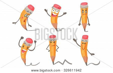 Pen With Different Emotions In Cartoon Style Vector Illustrations Set