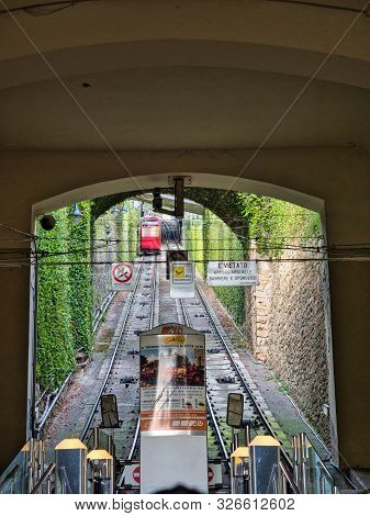 Bergamo, Lombardy, Italy - October 5 2019 Funicular Going Down From Bergamo Upper City To The Lower 