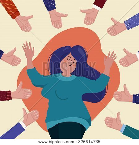 Happy Young Chubby Woman Surrounded By Hands Showing Thumbs Up Gesture, Concept Of Public Approval, 