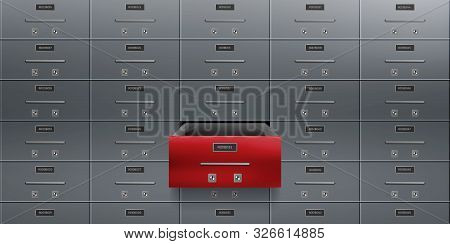 Bank Deposit Safe Boxes Wall, One Red Opened Locker With Number Plate, Tandem Keyholes On Steel Door