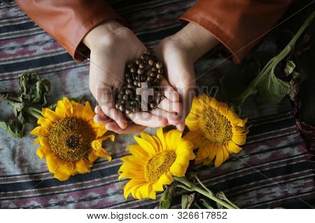 Rosary In Hand. Young Junior Lady Holding Rosary With Open Hand. Female Hands Holding A Rosary With 