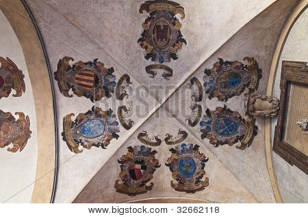 Interieur Archiginnasio van Bologna. Emilia-Romagna. Italië.