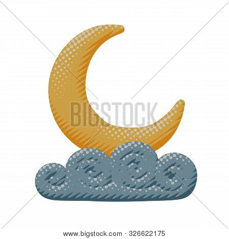 Isolated Vector Illustration Of Yellow Moon Sleep In Curly Cloud At Night Or Evening Bedtime. Cartoo