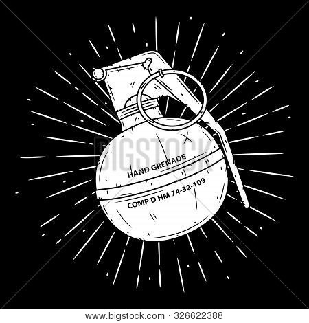 Grenade. Hand Drawn Vector Illustration With A Grenade And Divergent Rays. Used For Poster, Banner, 