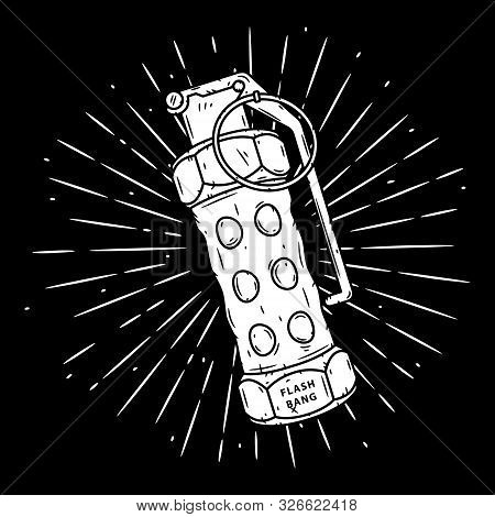 Flash Grenade. Hand Drawn Vector Illustration With A Grenade And Divergent Rays. Used For Poster, Ba