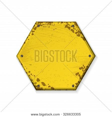 Hexagon Form Old Grunge Yellow Nameboard Isolated On White Background