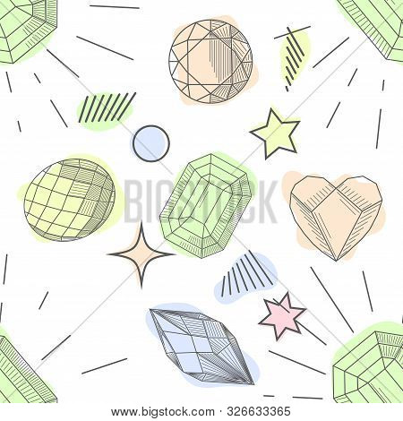 Seamless Pattern Of Hand Drawn Semiprecious Stones: Jade, Rock Crystal, Citrine, Amethyst, Aquamarin