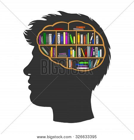 Man With Books Library In Brain Vintage Sketch Engraving Vector Illustration. Metaphor Of Knowledge 