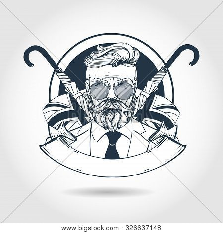 Hand Drawn Sketch, British Man With Beard And Mustaches And Umbrella. Poster, Flyer Design