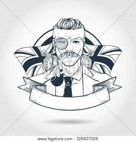 Hand Drawn Sketch, British Man With Smoking Pipe. Poster, Flyer Design