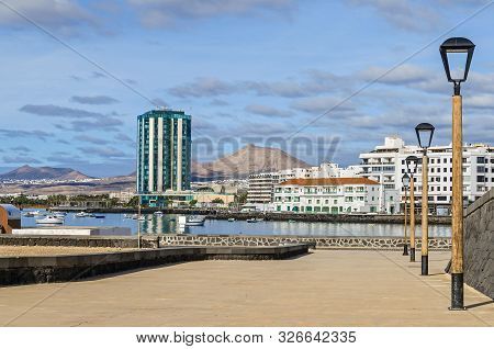 Arrecife, Spain -  November 5, 2018:  View From Castillo De San Gabriel Alongside The Harbour Of A P
