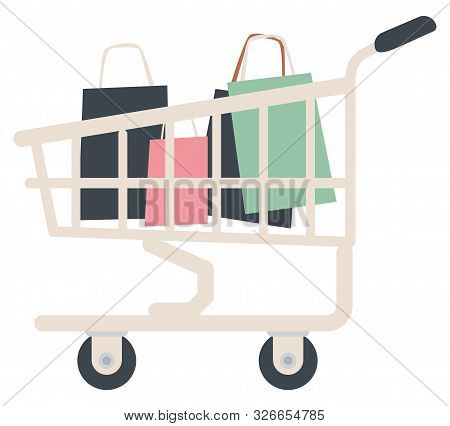 Cart With Bags And Packages, Isolated Shopping Trolley From Shop With Bought Products. Customers Pur