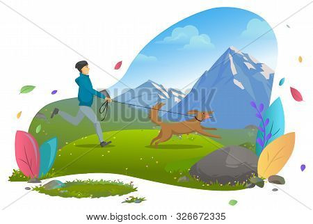 Guy Walking Or Running With Dogin Mountains. Owner Jogging With Pet On Leash, Casual Autumn Outfit, 