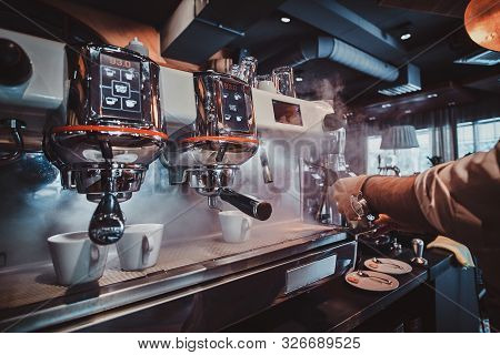 Process Of Coffee Making Using Coffee Machine At Restaurant By Talanted Barista.