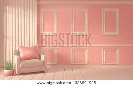 Mock Up Room Color Living Coral Interior Design And Decortion.3D Rendering